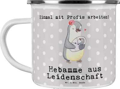 Produktbild von Mr. & Mrs. Panda Teetasse Hebamme Leidenschaft - Grau Pastell - Geschenk, Danke, Pott, emaillebecher, Teebecher, Geburtshelfer, Emaille Tasse, becher