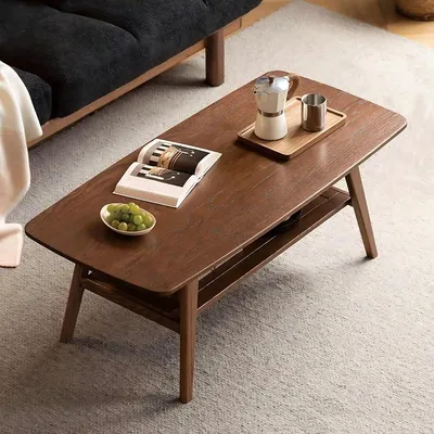 Imagen del producto de Mesa de centro de madera maciza de roble, mesa para el salón con 2 niveles y espacio de almacenamiento, mesa auxiliar para el sofá, 80 x 50 x 44 cm, color nogal