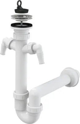 Produktbild von Siphon Spülbecken DN 70 Edelstahlgitter Abflussrohr DN 40 mit zwei extra Anschlüssen an Spül und Waschmaschine Ablaufgar