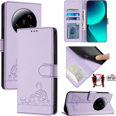 Produktbild von Leder Hülle für Xiaomi 13 Ultra Süße Katze Flip Case Brieftasche Schutzhülle mit Standfunktion Lila