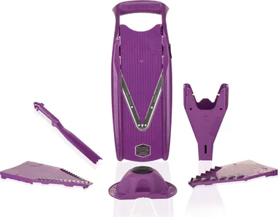 Produktbild von Börner V5 PowerLine Plus Set Gemüsehobel, Obst- & Gemüseschneider mit Fruchthalter, Scheibeneinschub, Sparschäler, 10 Schnittarten, 6 tlg. Set, Violett
