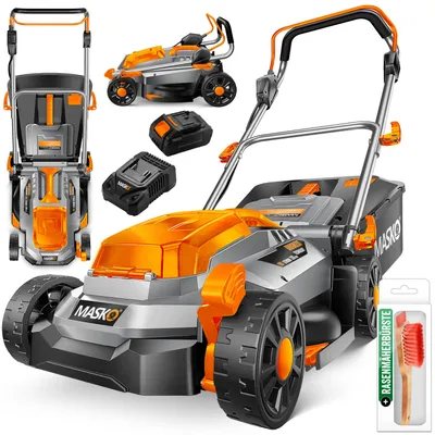 Produktbild von MASKO® Akku Rasenmäher ECO-X10 inkl. 1 oder 2 Akkus Li-Ion Batterie 4 Ah & Doppel-Ladegerät – Rasentrimmer, 25-75mm Schnitthöhenverstellung, 33/37/43cm Schnittbreite, Inkl. Handschuhe & Bürste