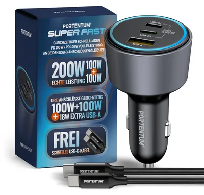 Obrázek produktu pro PORTENTUM Zapalovač cigaret USB-C, 200W + kabel USB-C, 100W – trojitá autoadaptér