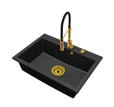 Produktbild von Granitspüle Einbauspüle 1 Becken Elite 70 mit Armatur Gold, Ablaufgarnitur Automatik, Küchenspüle Set