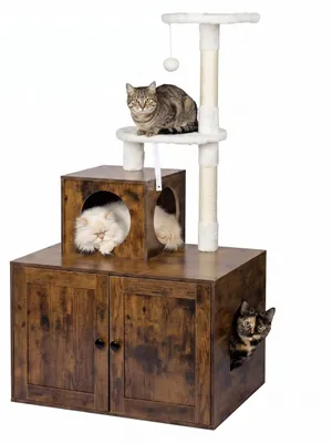 Zdjęcie produktu dla Kratzbaum Relaxdays z szafką na kuwetę, wymiary: 133x78x49 cm, słupki z sizalu i miejsce do spania, wygląd drewna, drapak dla kota, kolor: ciemnobrązowy