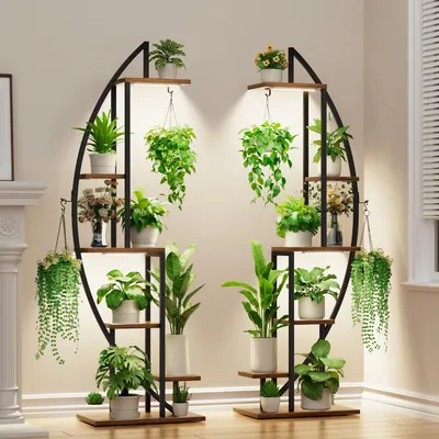 Productafbeelding van Bloemenstandaard met 6 niveaus en plantenlampen - Plantenrek van metaal en hout - 160 cm hoog bloemenrek voor binnenshuis - Decoratief zwart bloemenrek voor vensterbank en woonkamer (2 stuks)