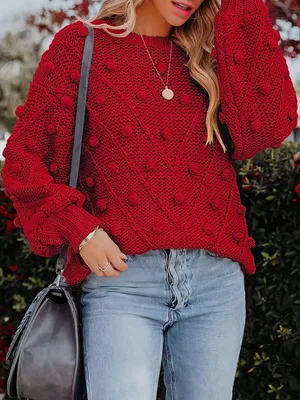 Image de ASKSA Pulls Femme Col rond Pompons Tricotés En vrac Pull uni Sweat uni, Rouge, XL