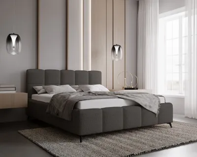 Image de Lit rembourré 180 x 200 Kastilo - Lit double, chambre à coucher - Coffre de rangement, tête de lit, bouclé gris foncé