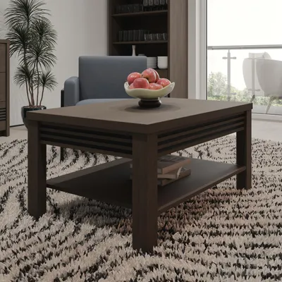Produktbild von Forte EUFEMIUS Couchtisch 90, moderner Couchtisch mit dekorativer Fräsung, Dunkelbraun|Schwarz Eiche Holzdekor, 90 cm breit x 46,5 cm hoch x 60 cm tief