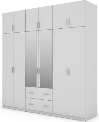 Zdjęcie produktu dla Meblast | Szafa 222x230 cm z 2 lustrami - Biały - Szafa z półkami, szufladami i drążkiem na ubrania | Minimalistyczny design