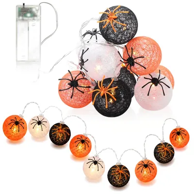 LED-Lichterkette mit 10 Kugeln, Halloween-Deko, Spinnendesign