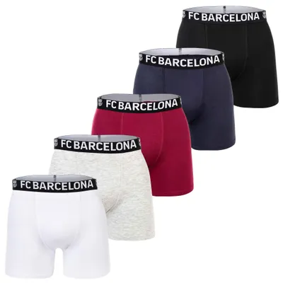 Produktbild von FC Barcelona Jungen Boxershorts, 5er Pack - Boxer Trunks, Baumwollmischung, Logobund, einfarbig Schwarz/Grau/Weiß/Blau/Rot 128