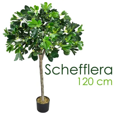 Image de Schefflera Plante Arbre Artificielle Artificiel Plastique 120cm Domaine Interne avec Bois Véritable Decovego