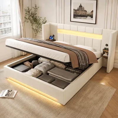 Produktbild von Polsterbett 180 x 200 cm Samt Kopfteil USB LED Hydraulik Stauraum beige