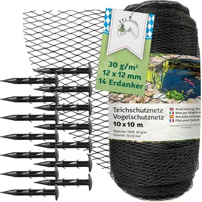 Produktbild von TTL GARDEN Teichnetz 10x10m schwarz 30g/m² Vogelschutznetz HDPE engmaschig reißfest mit Bodenanker