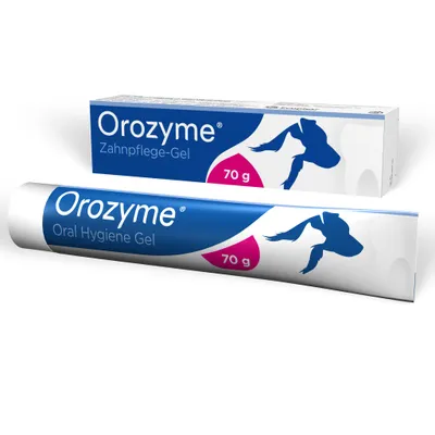 A product shot of a tube and box of Orozyme Oral Hygiene Gel.