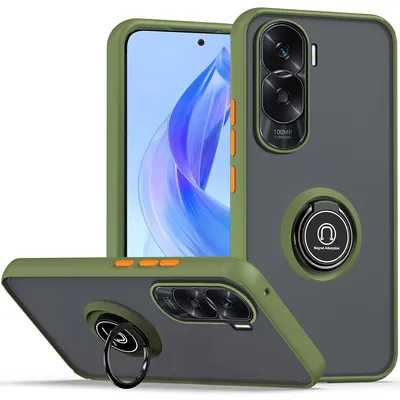 Image de Etui pour Honor 90 Lite 5G étui en TPU translucide mat avec support d'anneau et stand Vert Armée