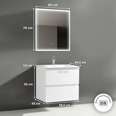 Produktbild von Alpenberger Badmöbel Set mit Waschbecken Gäste WC | Waschtisch mit Unterschrank 60 cm Breit | Badezimmerspiegel mit Beleuchtung | Led Spiegel Bad