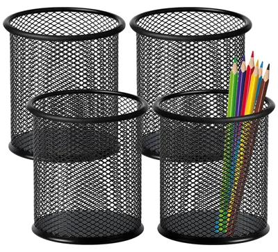 Produktbild von Set mit 4 Stifthaltern, schwarze runde Stifthalter aus Metallgitter, Schreibtisch-Stifthalter, 9 x 9 x 10 cm