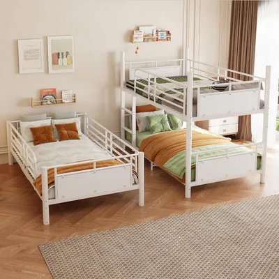 Produktbild von Flieks Dreifach-Etagenbett 90 x 200 cm mit Leitern, Hochbett mit Metallbettgestell, Kinderbett mit Sicherheitsgeländer, Weiß, Metall + Holz
