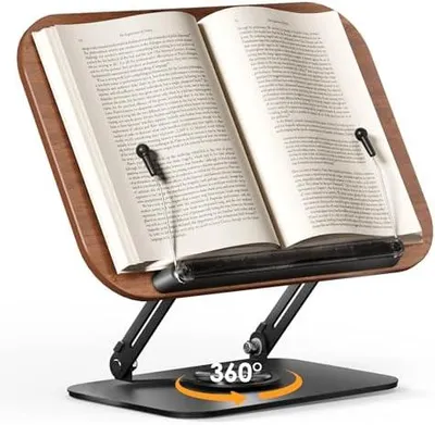 Produktbild von SupeDesk Buchständer zum Lesen,verstellbarer Holz-Buchhalter Leseständer,360° drehbar,faltbar,Kochbuchhalter mit Seitenclip,Präsentationsständer für Rezept,Zeitschrift,Tablet,Laptop,eleganter Retro