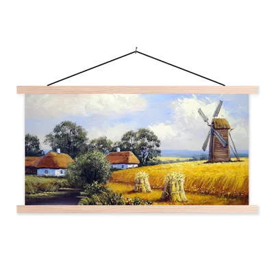 Produktbild von MuchoWow® Textilposter Gemälde - Bauernhof - Mühle - Ölfarbe 150x75 cm mit holzfarbenen Rahmen - Plakate