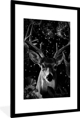 Produktbild von MuchoWow® Gerahmtes Poster Botanische Hirsche mit Lichtkugeln auf schwarzem Hintergrund - schwarz und weiß 60x90 cm - Poster mit Schwarzem Bilderrahmen Wandposter Rahmen Foto Bilder - Dekoration - Wandposter Wohnzimmer - Hochwertig