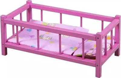 A pink doll bed with purple bedding.