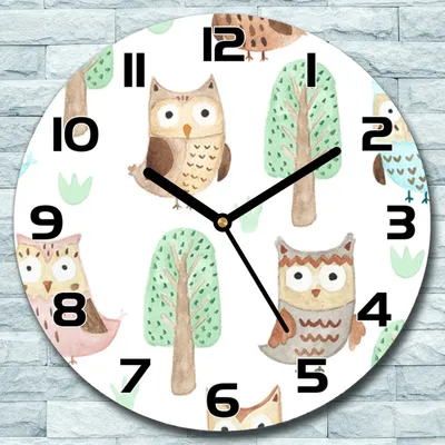 Produktbild von Wanduhr aus Glas Rund fi 30 Eulen und Bäume Quarz Deko Wohnzimmer Büro