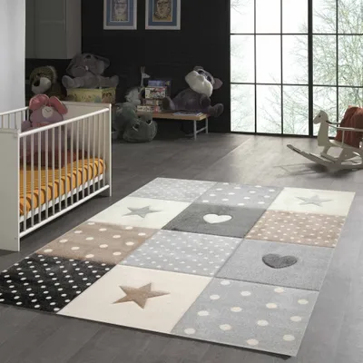 Produktbild von Kinderzimmer Teppich Herz Stern braun beige grau Größe - 80 x 150 cm