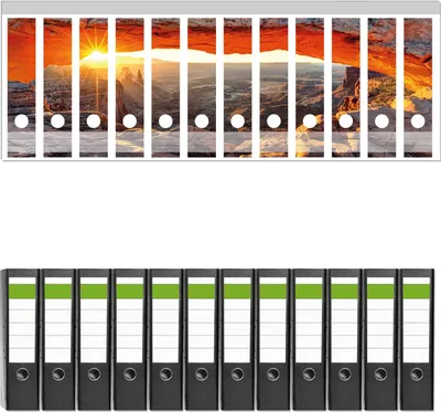 Produktbild von Wallario 12 Stück breite Ordner inkl. Klebeetiketten mit Motive Sonnenstrahl am Horizont  Leuchtende Felsspalte -  Set mit Rückenschildern / Ordnerrücken Stickern