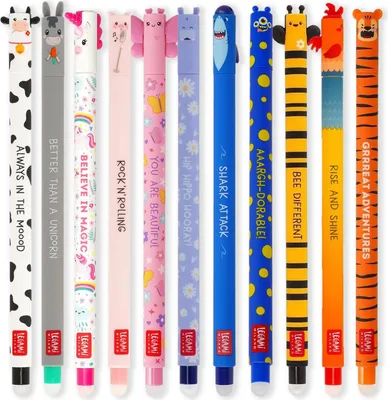 Produktbild von LEGAMI - Set mit 11 löschbaren Gelstiften mit 0,7 mm Spitze, verschiedene Tintenfarben und Tierdesigns - Bauernhof, Tiger, Schmetterling, Hai usw
