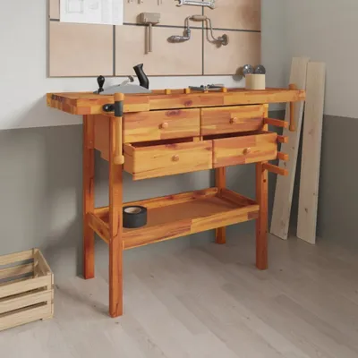 Produktbild von "im Angebot" Werkbank mit Schubladen Schraubstöcken 124x52x83 cm Akazienholz - Werkbänke CC1059