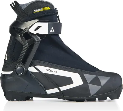 A single black and white ski boot is shown against a white background.