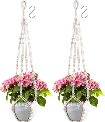 Produktbild von Makramee Blumenampel 2er Set, Boho Blumentopf Baumwollseil Hängepflanzen Topf Hängeampel Hänge Deko，Beige