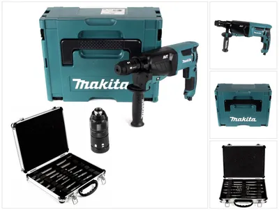 Immagine prodotto di Makita HR 2631 FTJ Martello combinato da 800 W con mandrino SDS Plus e mandrino a serraggio rapido in Makpac + set di scalpelli e punte Bosch da 11 pezzi per SDS-Plus in valigetta di alluminio
