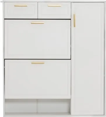 A white shoe cabinet with gold handles against a white background.