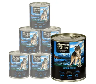 Produktbild von Dehner Wild Nature Hundefutter Gebirgssee, Nassfutter getreidefrei / zuckerfrei, für ausgewachsene Hunde, Lachs / Huhn, 6 x 800 g Dose (4.8 kg)