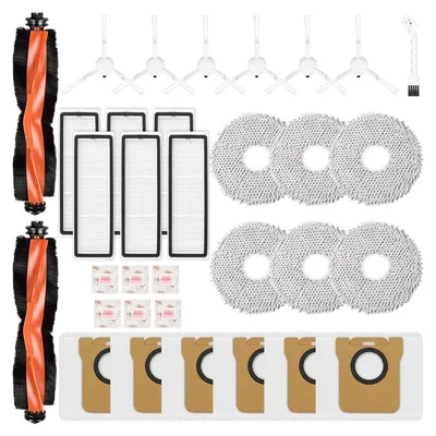 A collection of robot vacuum cleaner accessories laid out on a white background.