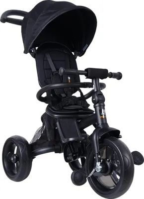 A black tricycle is shown against a white background.
