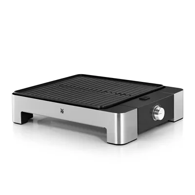 Produktbild von WMF Lono Quadro Tischgrill, quadratisch, 1250 W, Antihaft, einstellbare Temperatur, 5 Leistungsstufen, wassergefüllte Grillwanne, herausnehmbare & spülmaschinenfeste Platten, Cromargan® Edelstahl, Aluminiumguss, Grillfläche 27x27 cm, Produkt 35.5x28.4x8 cm, matt/silber, Schwarz, für Indoor & fettarmes Grillen, inkl. Zange, Glasdeckel, Spritzschutz, 1.5 m Kabel