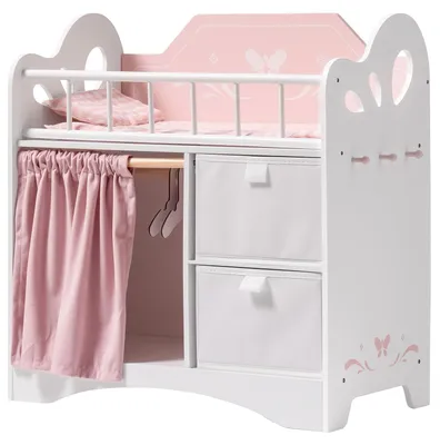 Puppenbett aus Holz mit Schrank, für Puppen bis 56 cm, rosa