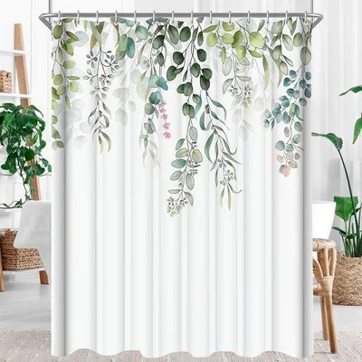 Produktbild von Unyqoos® Duschvorhang 180 x 180 cm – Polyester, wasserabweisend & schimmelhemmend, grünes Blätter-Design, inkl. 12 Haken, beschwerter Saum
