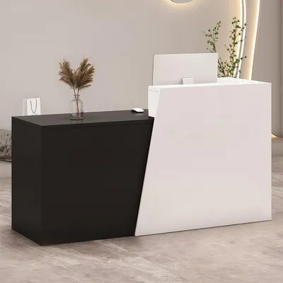 Image de Comptoir de réception avec tiroir et étagères, dimensions 90x42x100 cm, couleur blanc et noir