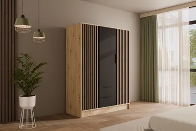 Produktbild von ALTDECOR Kleiderschrank mit selbstschließenden, Lamellentüren, Lamellen, Flügeltüren - NELIA - 150 cm Artisan / Schwarz / Artisan
