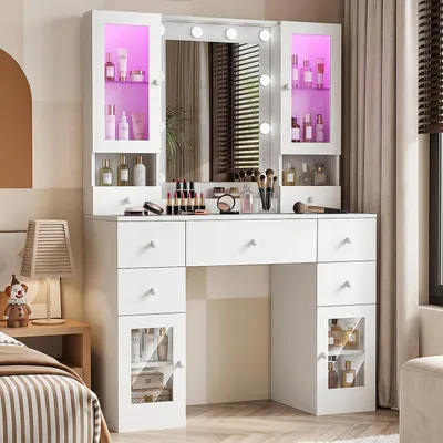 Produktbild von OYAJIA Schminktisch mit Spiegel und LED-Leuchten, Steckdosenleiste, 5 Schubladen 1 Schränke, 10 dimmbare Glühbirnen, 3 Lichtfarben 107.5x40x155.5cm