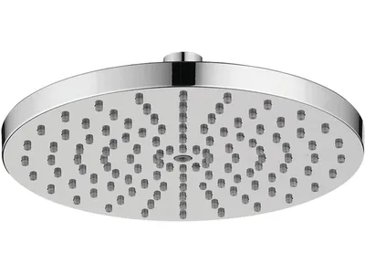 A close-up studio shot of a round chrome shower head.
