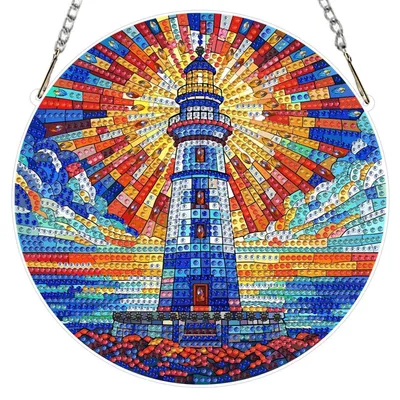 Immagine prodotto di Quadri da finestra con tecnica diamond painting, soggetto faro, vetro colorato, 5D, design bilaterale, kit per realizzare decorazioni da appendere alla finestra, per adulti, colore blu