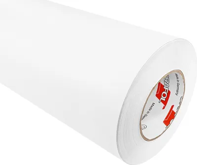 A roll of white adhesive film, likely for furniture or decoration, is shown diagonally against a white background. The roll is partially unrolled, revealing the white surface. The edge of the roll shows a label with red and white branding and text.