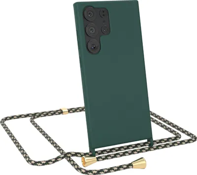 Produktbild von EAZY CASE Handykette kompatibel mit Samsung Galaxy S23 Ultra Handyhülle zum Umhängen, Silikon Hülle mit Band, Schutzhülle mit Ersatzkordel, Stylische Kette für Smartphone, Nacht Grün / Grün Camouflage